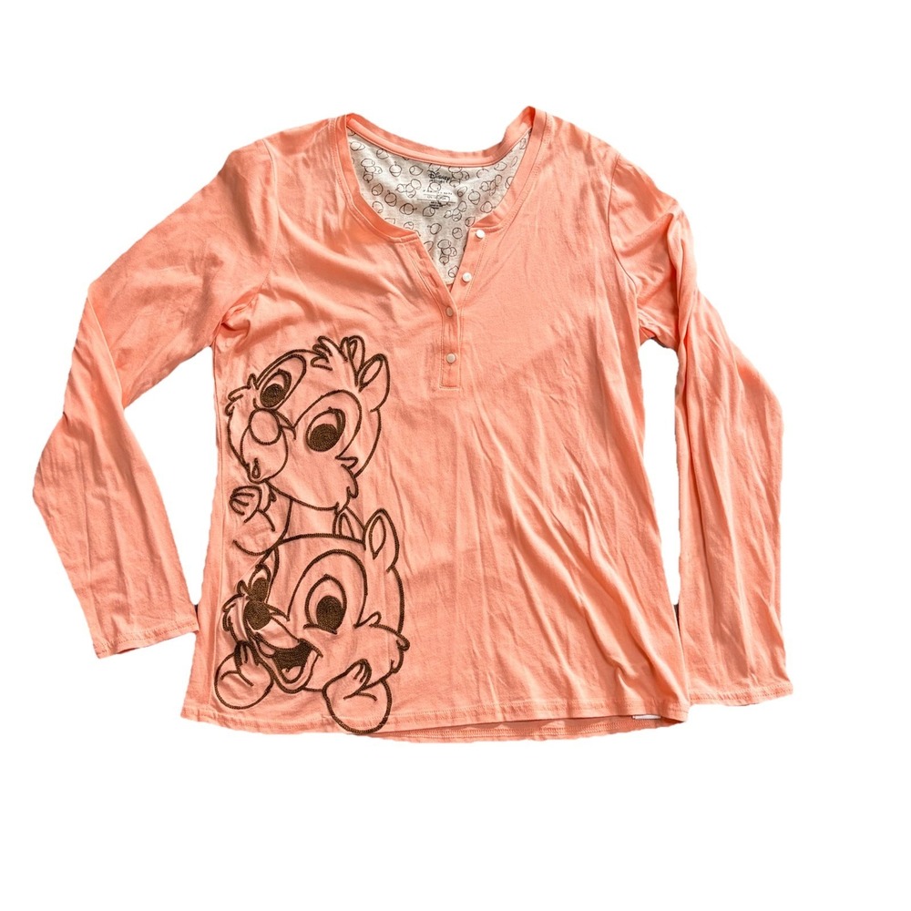 DISNEY STORE Women's S Henley Top Embroidered Chipmunks Chip & Dale Coral
